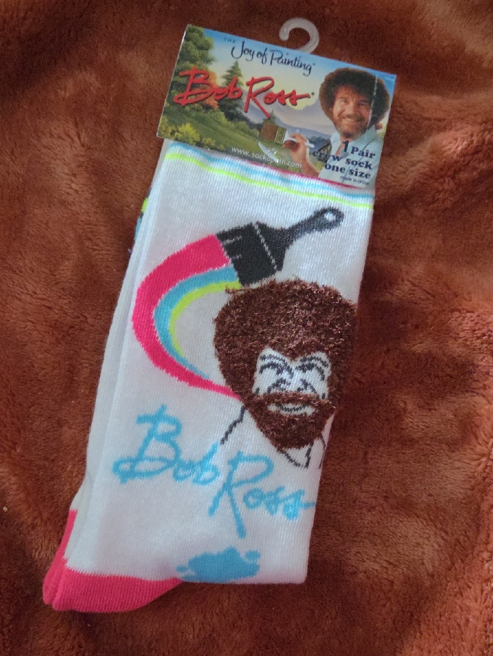 Bob Ross White Graphic Crew Socks with Colorful Paint Brush